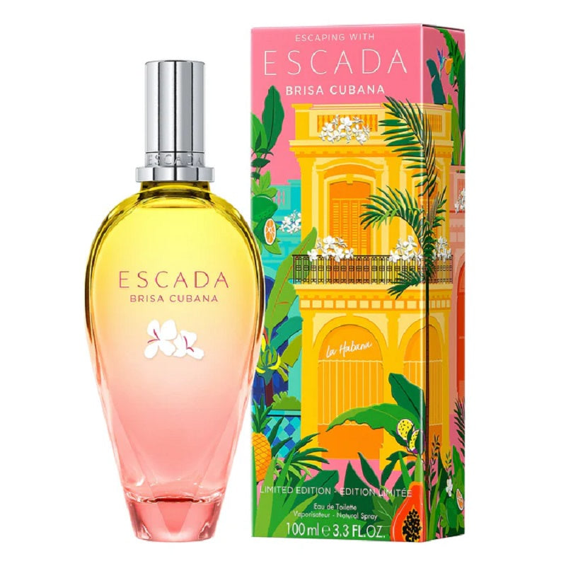 Escada Brisa Cubana perfume bottle and packaging on a white background