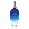 Blue perfume bottle with silver cap on a white background