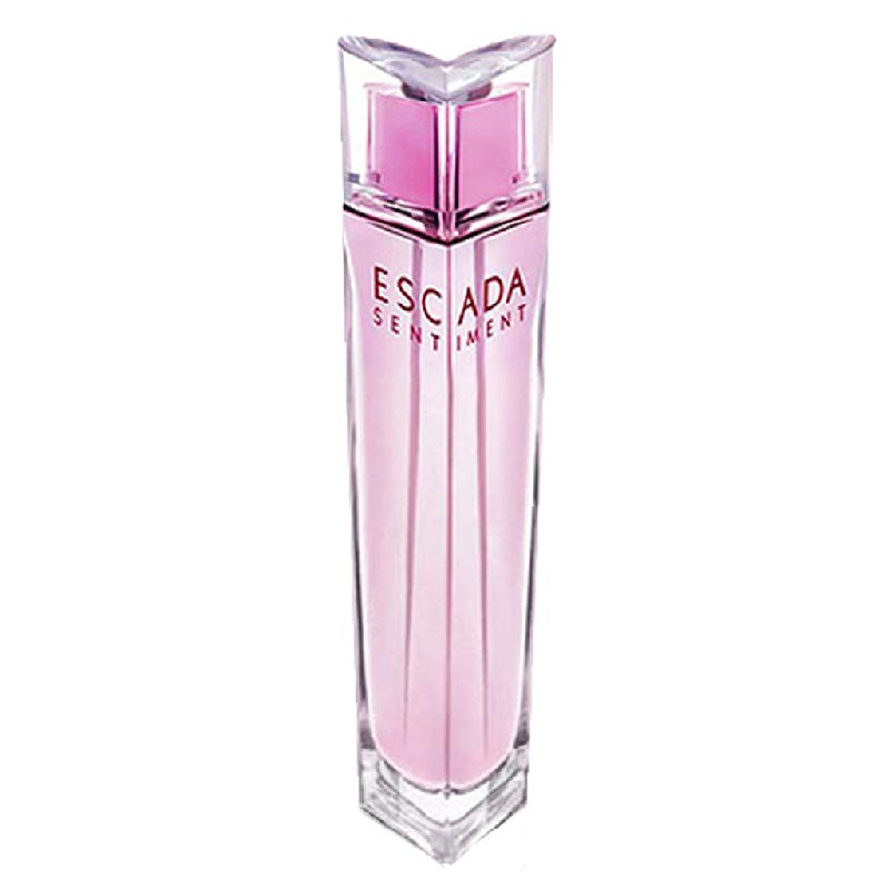Pink Escada Sentiment perfume bottle on a white background