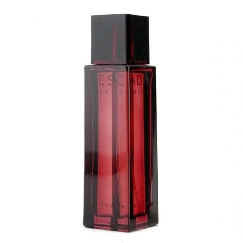 Red perfume bottle with black cap on a white background.