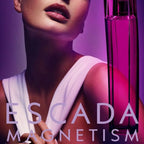 Advertisement for Escada Magnetism perfume with a woman and a pink perfume bottle.