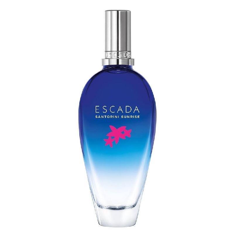 Blue perfume bottle with silver cap on a white background