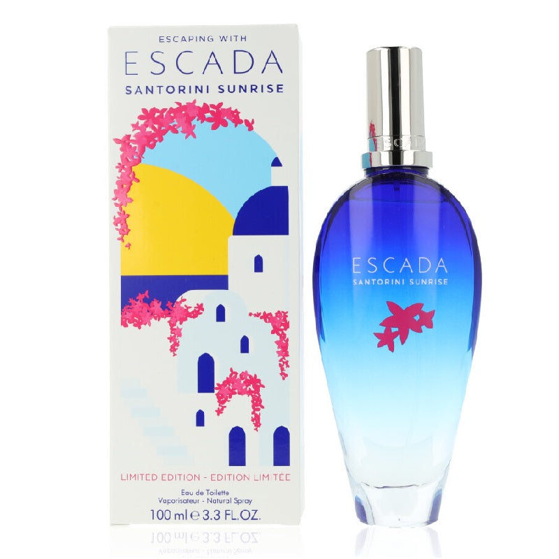 Escada Santorini Sunrise perfume bottle and packaging on a white background