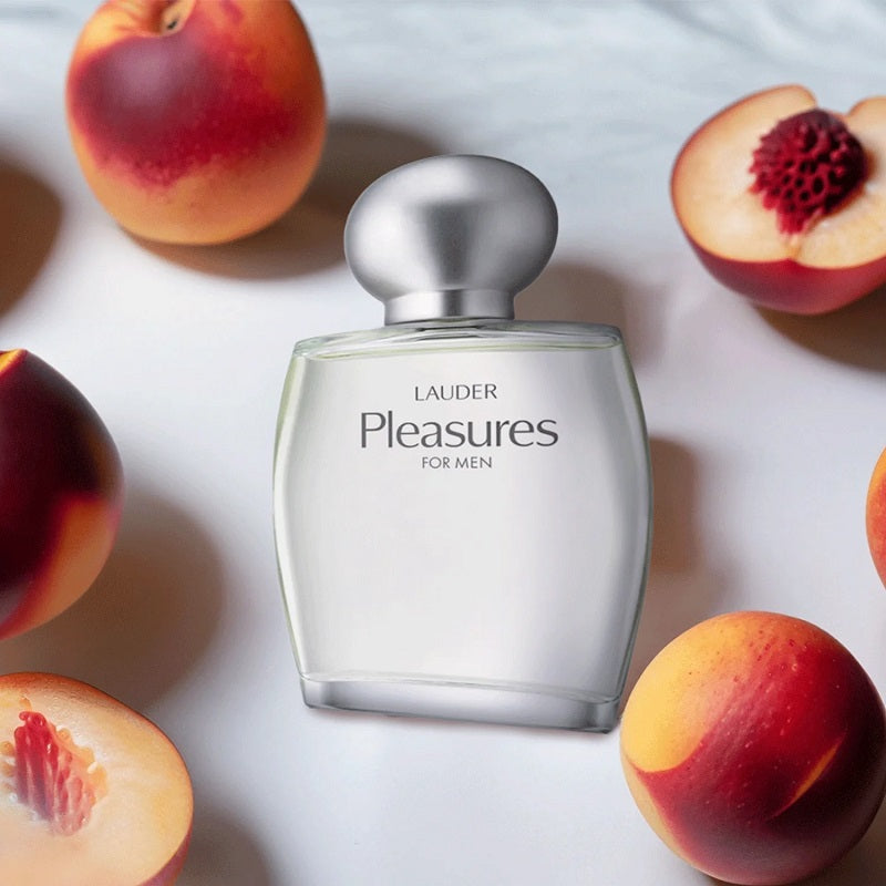 bottle surrounded by peach's with a white background