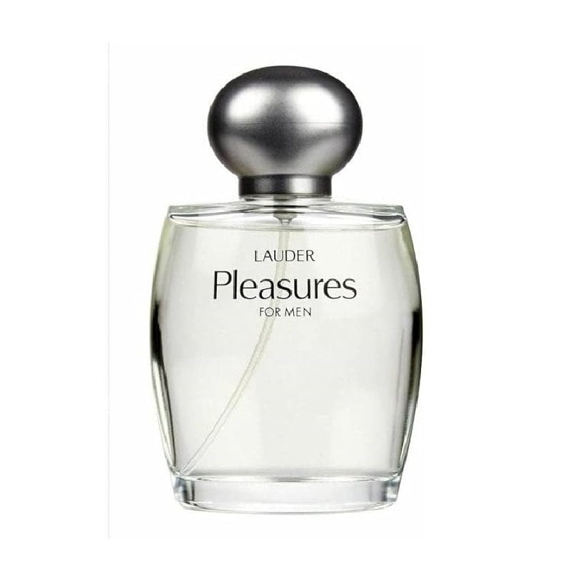 Estee Lauder Pleasures for Men Eau de Cologne bottle with a clear liquid and a silver cap.