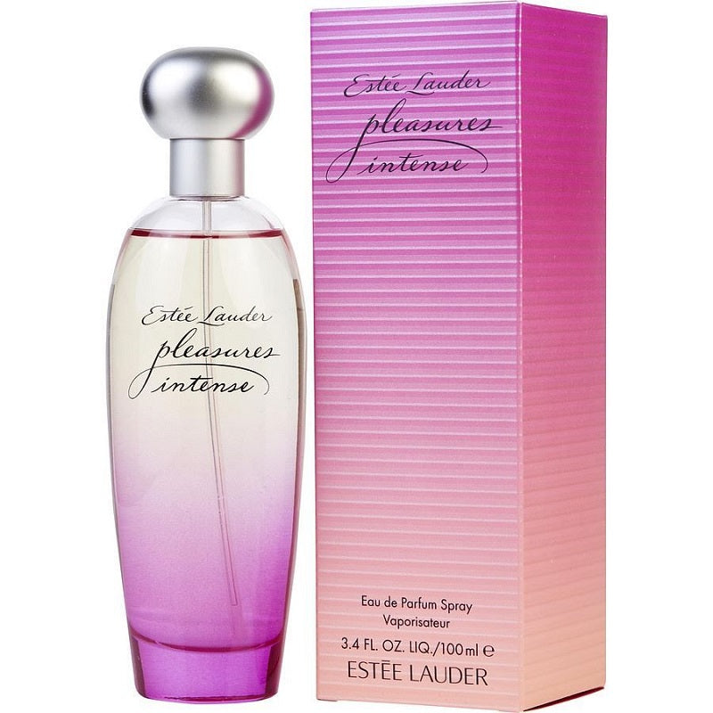 Estee Lauder Pleasures Intense Eau De Parfum Spray bottle and packaging, with a clear glass bottle displaying the pink liquid and a purple to pink gradient design on the box.