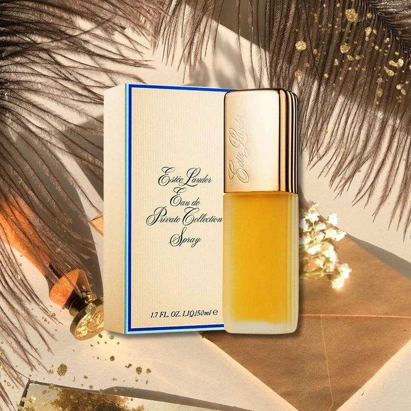 Estée Lauder perfume bottle and packaging on a decorative background