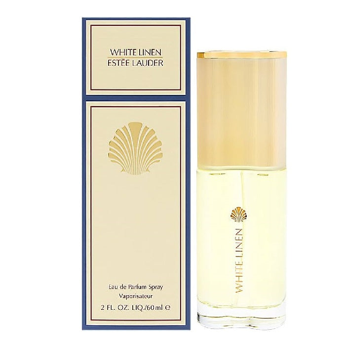 Estee Lauder White Linen Eau De Parfum bottle and packaging, featuring a clear glass bottle with a gold cap, and a blue and gold label with the Estee Lauder logo.