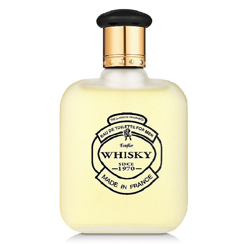 Perfume bottle labeled 'Whisky' with gold cap on a white background