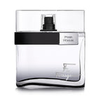 A bottle of F by Ferragamo Black eau de toilette with a clear, predominantly black design and a white spray nozzle.