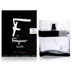 A 100ml bottle of F by Ferragamo Black Eau de Toilette, with its black and white packaging, on a white background.