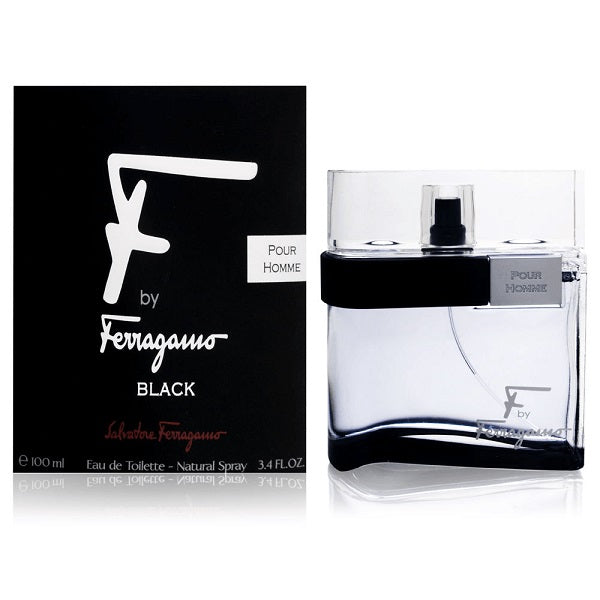 A 100ml bottle of F by Ferragamo Black Eau de Toilette, with its black and white packaging, on a white background.