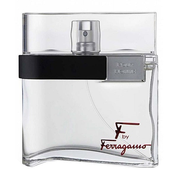 A 100ml bottle of F by Ferragamo Pour Homme eau de toilette, with a clear glass container and a black cap.