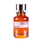 Amber glass perfume bottle with a white label on a white background