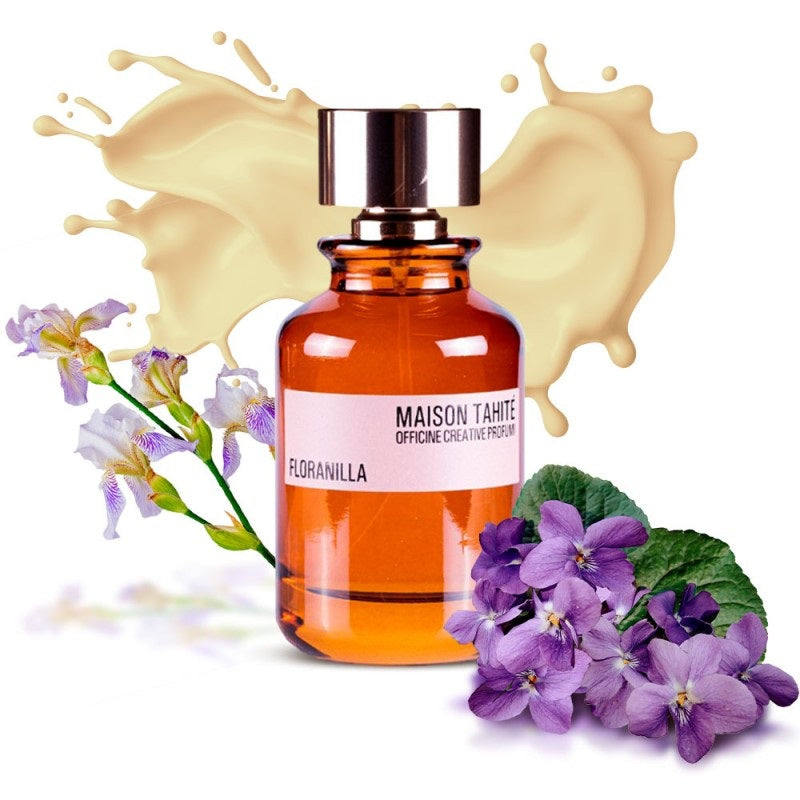 Perfume bottle with floral elements and Maison Tahite branding on a white background