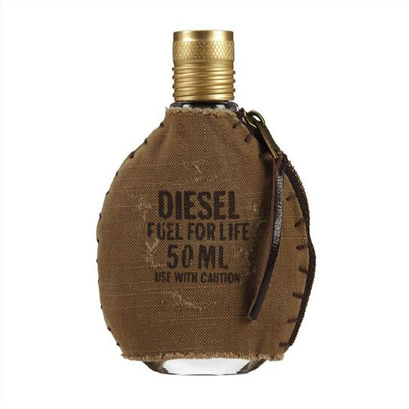 Diesel Fuel for Life perfume bottle with brown fabric cover on a white background