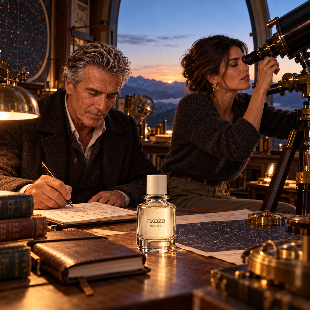 Two astronomers prepare a telescope at a remote desert observatory at dawn, surrounded by star charts and soft morning light.