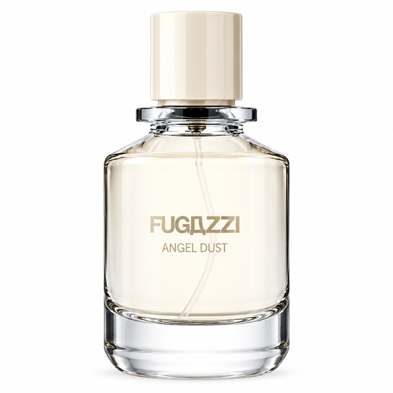 Fugazzi Angel Dust 100ml Eau de Parfum clear glass bottle with pale fragrance, ivory cylindrical cap and gold lettering on white.