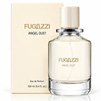 Fugazzi Angel Dust 100ml Eau de Parfum bottle beside its cream presentation carton with pale-gold branding on white.
