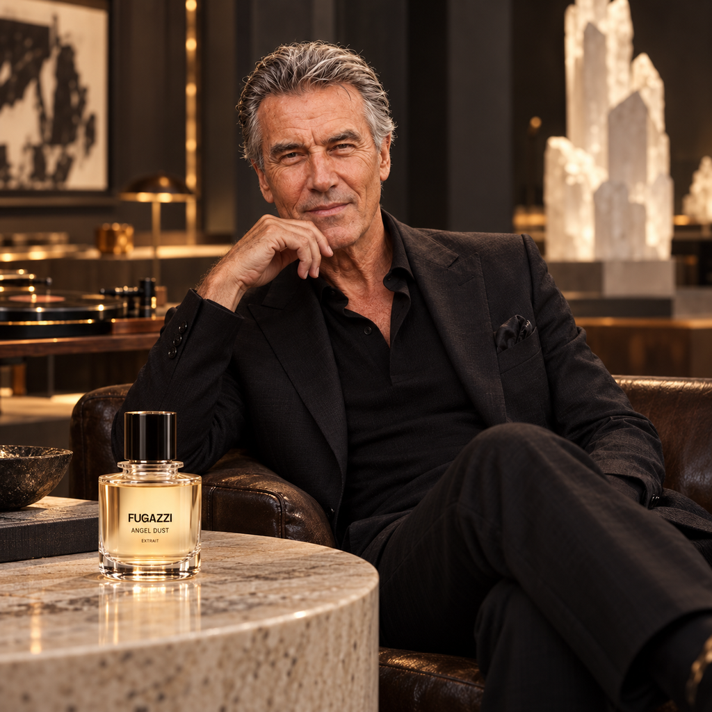 A quietly creative enjoying an intimate evening listening session in a sophisticated contemporary gallery lounge, dark walnut furnishings, white crystal installations and warm ambient lighting, with the Fugazzi Angel Dust Extrait bottle displayed on a polished pale stone table.