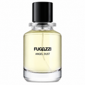 Fugazzi Angel Dust 100ml Extrait de Parfum transparent rounded glass bottle with pale fragrance, clear glass base, black cylindrical cap and distinctive black Fugazzi lettering on a clean white background.