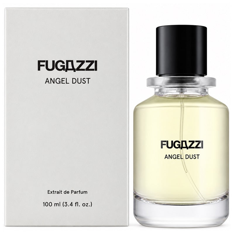 Fugazzi Angel Dust 100ml Extrait de Parfum clear glass bottle with black cylindrical cap matching a white presentation carton featuring black Fugazzi Extrait de Parfum identification on a clean white background.