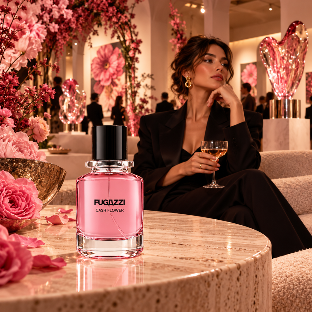 A gallery curator enjoying an evening reception at a botanical art gallery, surrounded by rose-pink floral installations, glass artwork, cashmere furnishings and warm lighting, with the Fugazzi Cash Flower bottle prominently displayed on a polished pale travertine table.
