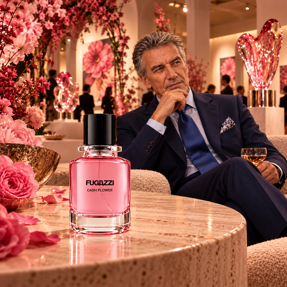 gallery curator Christopher is enjoying an evening reception at a botanical art gallery, surrounded by rose-pink floral installations, glass artwork, cashmere furnishings and warm lighting, with the Fugazzi Cash Flower bottle prominently displayed on a polished pale travertine table.