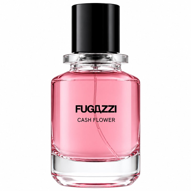Fugazzi Cash Flower 100ml Extrait de Parfum rounded transparent glass bottle, substantial clear glass base, glossy black cylindrical cap and distinctive black Fugazzi lettering on a clean white background