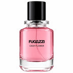 Fugazzi Cash Flower 100ml Extrait de Parfum rounded transparent glass bottle, substantial clear glass base, glossy black cylindrical cap and distinctive black Fugazzi lettering on a clean white background