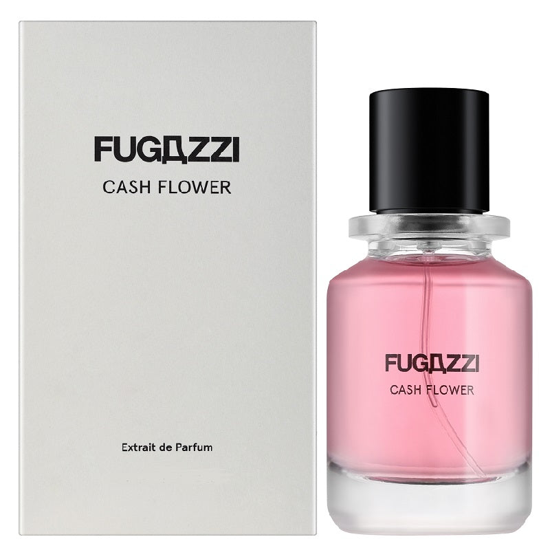 Fugazzi Cash Flower 100ml Extrait de Parfum a glass bottle with black cylindrical cap beside its matching cream presentation packaging featuring black Fugazzi branding and Extrait de Parfum identification on a clean white background.