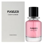 Fugazzi Cash Flower 100ml Extrait de Parfum a glass bottle with black cylindrical cap beside its matching cream presentation packaging featuring black Fugazzi branding and Extrait de Parfum identification on a clean white background.
