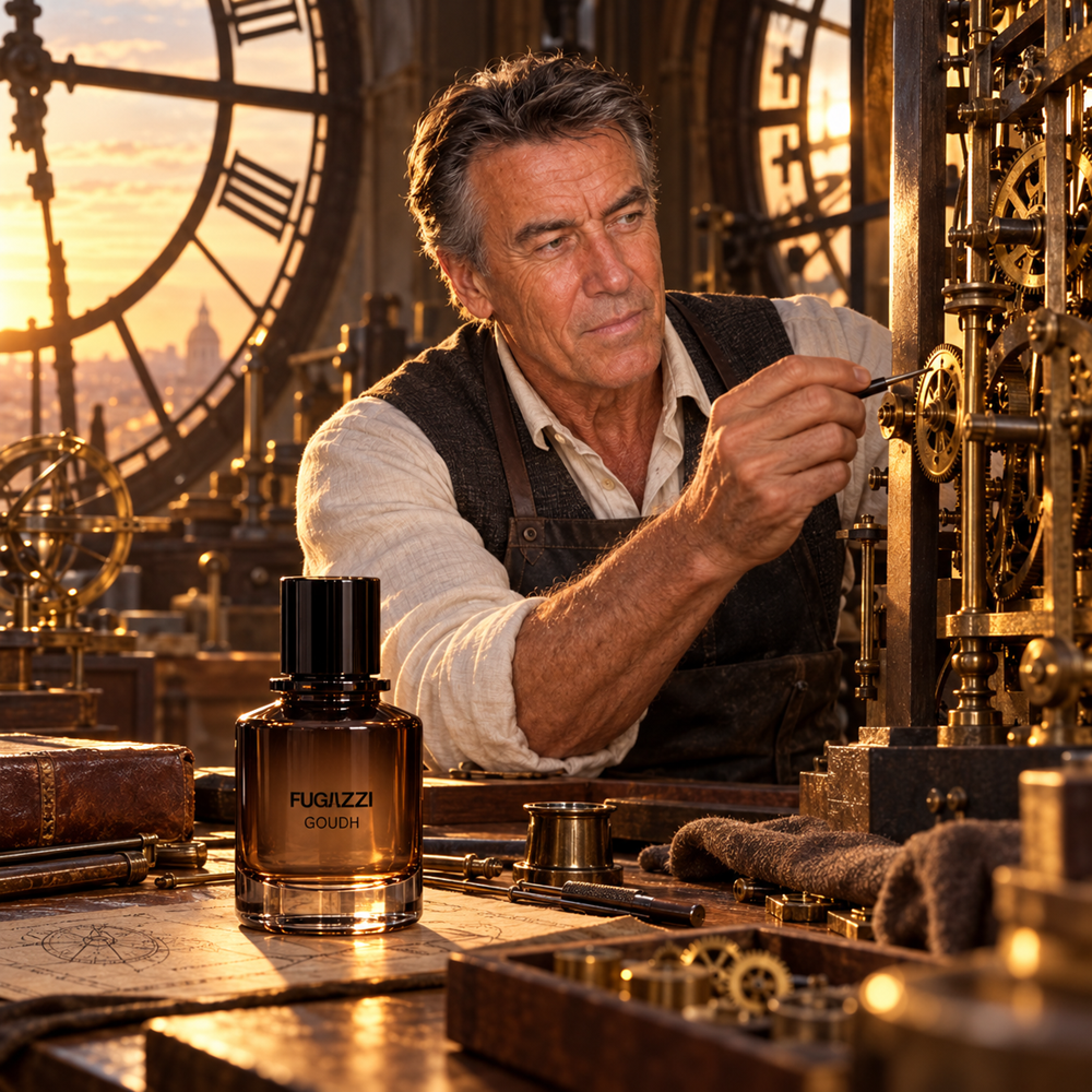 An older clockmaker repairs brass gears in a historic clock tower at sunset, surrounded by antique tools and golden light, a bottle of Fugazzi Goudh Extrait de Parfum in the foreground