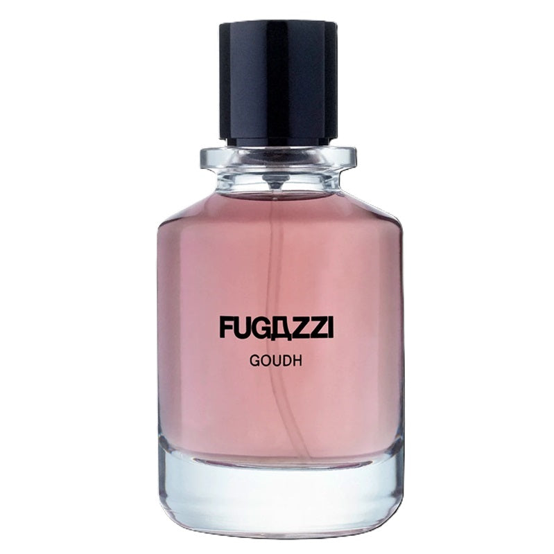 Fugazzi Goudh 100ml Extrait de Parfum smoky-brown-pink glass bottle with black cap, clear glass base and black lettering on white.