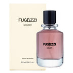 Fugazzi Goudh 100ml Extrait de Parfum bottle beside its ivory presentation carton with black Fugazzi branding on white.