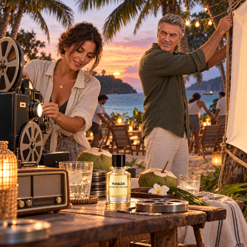 Couple set a vintage film projector and string lights on a sunset beach table with fresh coconuts and the Fugazzi perfume bottle