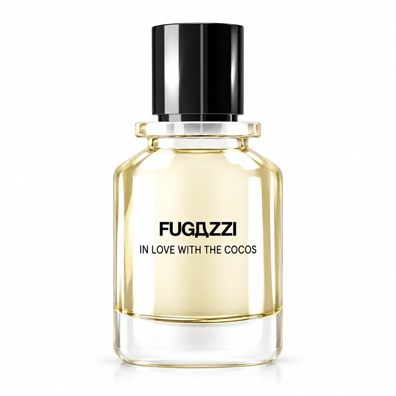 Fugazzi In Love With The Cocos 100ml Extrait de Parfum clear glass bottle with pale fragrance, black cap and black lettering on white