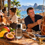 Two boat builders work beside a wooden sailing boat on Rio's tropical coast, surrounded by warm sunshine and ocean views.