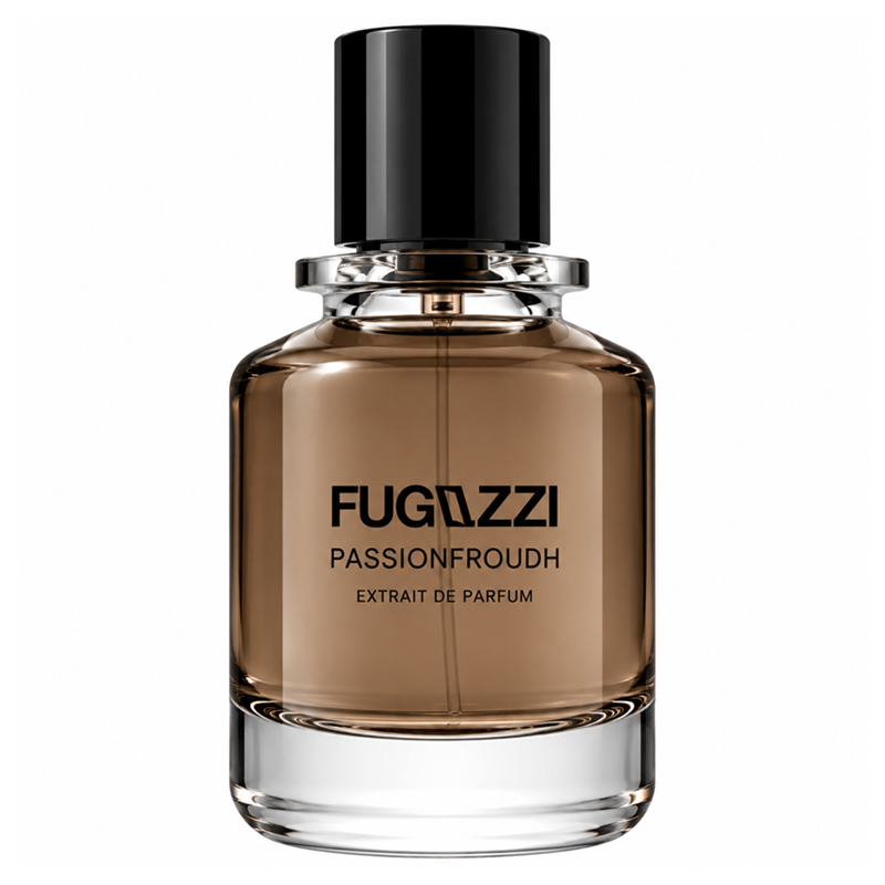Fugazzi Passionfroudh 100ml Extrait de Parfum smoky-brown glass bottle with black cylindrical cap and black lettering on white.