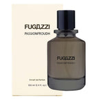 Fugazzi Passionfroudh 100ml Extrait de Parfum dark glass bottle beside its cream presentation box with black branding on white.