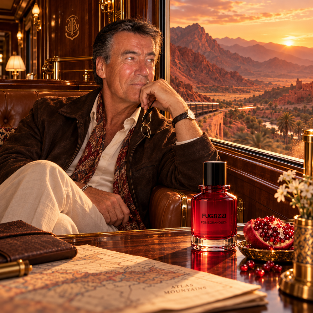 A pensive gentleman sits contemplating, a bottle Fugazzi Pomegranoudh Extrait de Parfum bottle sitting on a fold-down table in a vintage train carriage through the Atlas Mountains at sunset, with leather seating and golden desert views