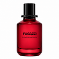 Fugazzi Pomegranoudh 100ml Extrait de Parfum deep crimson-red glass bottle with rounded shoulders, substantial glass base, black cylindrical cap and distinctive black Fugazzi lettering on a clean white background.