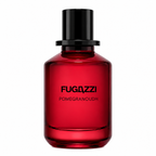 Fugazzi Pomegranoudh 100ml Extrait de Parfum deep crimson-red glass bottle with rounded shoulders, substantial glass base, black cylindrical cap and distinctive black Fugazzi lettering on a clean white background.
