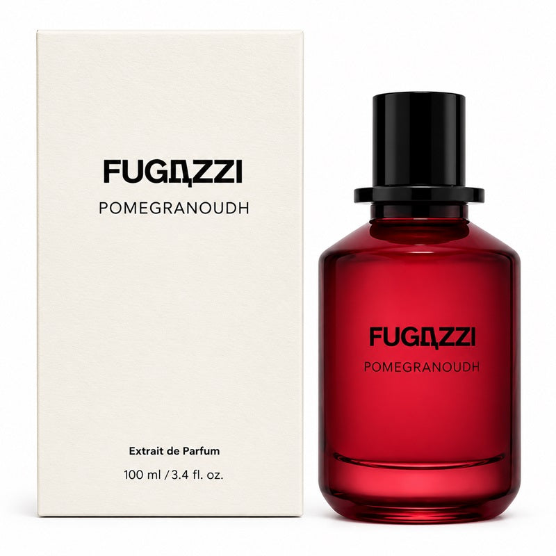 Fugazzi Pomegranoudh 100ml Extrait de Parfum crimson-red glass bottle with black cap beside its matching minimalist cream-white presentation carton featuring black Fugazzi branding and Extrait de Parfum identification on a clean white background.