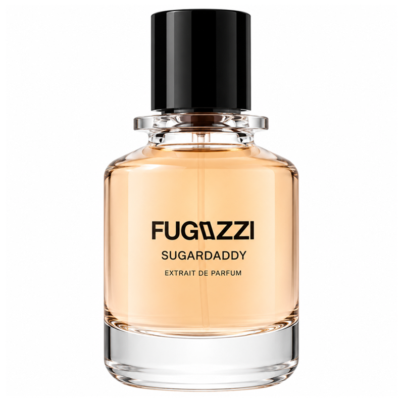 Fugazzi Sugardaddy 100ml Extrait de Parfum clear glass bottle with pale peach fragrance, black cylindrical cap and black lettering on white.