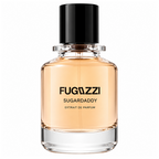 Fugazzi Sugardaddy 100ml Extrait de Parfum clear glass bottle with pale peach fragrance, black cylindrical cap and black lettering on white.