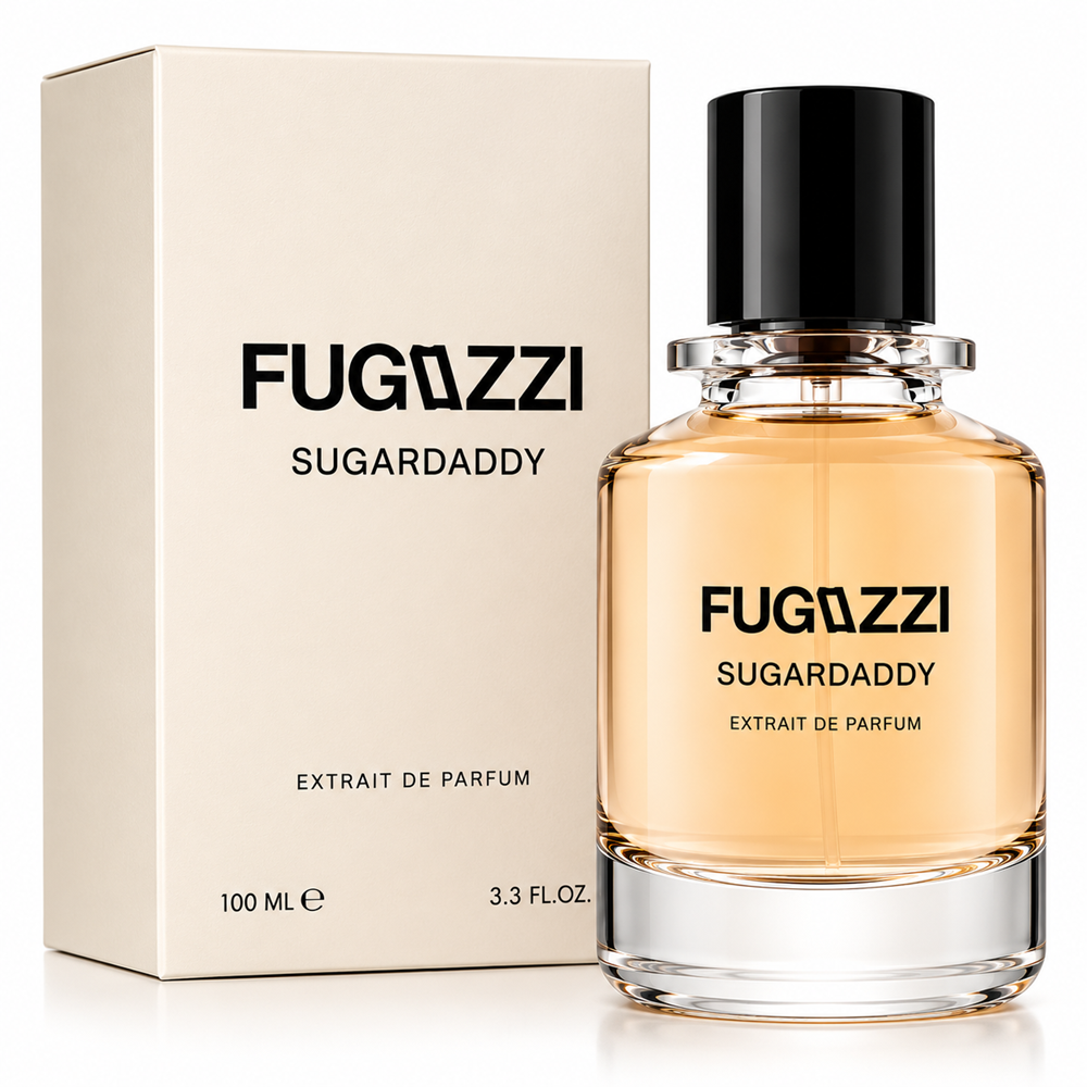 Fugazzi Sugardaddy 100ml Extrait de Parfum bottle beside its cream presentation carton with black branding on a white background.