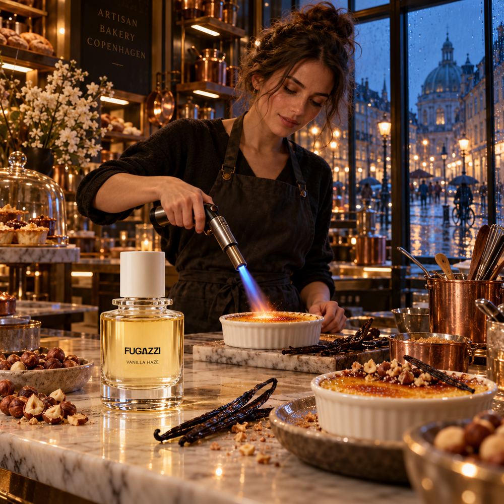 Fugazzi Vanilla Haze bottle beside a pastry chef caramelising crème brûlée in a Copenhagen bakery on a rainy evening.