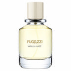 Fugazzi Vanilla Haze 100ml Eau de Parfum clear rounded glass bottle with pale lemon fragrance, transparent base, ivory cylindrical cap and minimalist Fugazzi lettering on a clean white background.