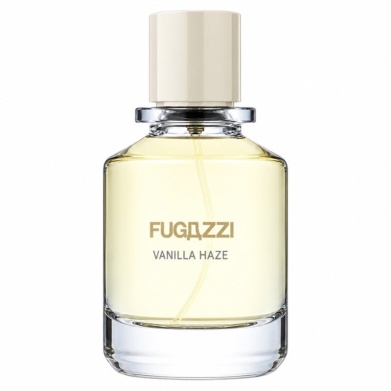 Fugazzi Vanilla Haze 100ml Eau de Parfum clear rounded glass bottle with pale lemon fragrance, transparent base, ivory cylindrical cap and minimalist Fugazzi lettering on a clean white background.